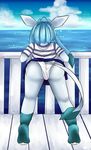  2017 anthro blue_fur blue_hair butt canine clothed clothing digital_media_(artwork) eeveelution female from_behind_(disambiguation) from_behind_position fur glaceon hair hi_res mammal nintendo panties pok&eacute;mon raveneevee sea sex short_hair simple_background skirt sky solo standing underwear video_games water white_bottomwear white_panties white_underwear 