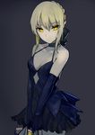  artoria_pendragon_(all) bag bangs bare_legs bare_shoulders black_dress blonde_hair bow braid breasts cleavage_cutout dress elbow_gloves eyebrows eyebrows_visible_through_hair fate/stay_night fate_(series) gloves grey_background hair_between_eyes hair_bow hair_up holding holding_bag looking_at_viewer saber_alter shiny shiny_skin shopping_bag sidelocks sleeveless sleeveless_dress small_breasts v_arms walzrj yellow_eyes 