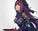  armor bangs bodysuit breasts brown_hair fate/grand_order fate_(series) from_side headdress holding holding_weapon large_breasts long_hair looking_at_viewer parted_bangs parted_lips polearm purple_bodysuit red_eyes scathach_(fate)_(all) scathach_(fate/grand_order) shoulder_armor sketch slit_pupils solo spear upper_body walzrj weapon white_background 
