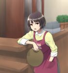  :o apron blurry blurry_background brown_hair cash_register counter employee_uniform grazie_loggins hand_in_pocket holding holding_tray indoors looking_at_viewer mole mole_under_eye plant potted_plant sakura_quest short_hair solo standing suzuki_erika tray uniform 