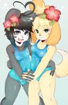  2017 animal_crossing anthro bear black_hair blonde_hair breasts canine cleavage clothed clothing coffeechicken dog duo female flower flower_in_hair fur grey_fur hair hand_holding hand_on_hip hi_res isabelle_(animal_crossing) kenny_(kenashcorp) looking_at_viewer mammal nintendo open_mouth open_smile panda plant short_hair simple_background small_breasts smile swimsuit tan_fur video_games wet 