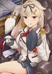  black_ribbon black_skirt blonde_hair breasts cosplay double-breasted epaulettes gloves grey_shirt hair_flaps hair_ornament hair_ribbon hairclip highres hoshimiya_mashiro jacket kantai_collection kashima_(kantai_collection) kashima_(kantai_collection)_(cosplay) kerchief large_breasts long_hair long_sleeves miniskirt pleated_skirt red_eyes remodel_(kantai_collection) ribbon shirt sitting skirt smile solo tongue tongue_out white_gloves white_jacket yuudachi_(kantai_collection) 