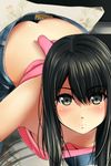  ass bare_shoulders black_eyes black_hair blush breasts butt_crack cleavage denim downblouse downpants eyebrows_visible_through_hair highres jeans leaning_forward long_hair looking_at_viewer matsunaga_kouyou medium_breasts no_bra original pants solo 