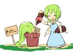  artist_self-insert carrying_under_arm closed_eyes coca-cola coke_bottle comic commentary daiyousei dress eyebrows_visible_through_hair fairy_wings flower_pot green_hair kuresento open_mouth ponytail pouring short_hair short_sleeves sign smile solo standing touhou translated what white_background wings 