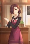  angelica_(sakura_quest) apron brown_eyes earrings hair_over_one_eye hands_together highres indoors jar jewelry long_hair looking_at_viewer mole mole_under_eye plant ponytail potted_plant sakura_quest sendrawz solo standing stud_earrings 