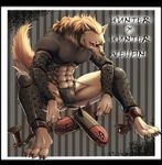  abs armor bdsm blonde_hair bondage bound canine chain chimera_ant claws clothed clothing codpiece eyebrows fur hair hunter_x_hunter inubiko long_hair looking_at_viewer male mammal missile muscular muscular_male red_eyes shackles sitting skimpy spikes spread_legs spreading stake unconvincing_armor welfin white_fur wolf 
