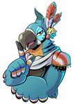  2017 5_fingers absurd_res anaugi anthro avian beak blue_feathers breath_of_the_wild bust_portrait clothed clothing digital_media_(artwork) feathers hi_res kass_(zelda) looking_at_viewer male nintendo portrait rito simple_background smile solo the_legend_of_zelda video_games white_background yellow_eyes 