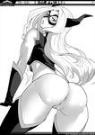  anus ass back bare_shoulders blush boku_no_hero_academia boots bottomless crop_top domino_mask drill_hair from_behind gloves greyscale half-closed_eyes highres horns karasu_h long_hair looking_back mask monochrome mount_lady parted_lips pussy simple_background sleeveless solo text_focus thigh_boots thighhighs uncensored white_background 