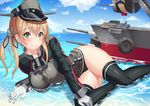  anchor_hair_ornament aqua_eyes black_panties blonde_hair breasts gloves hair_ornament hat iron_cross kantai_collection large_breasts long_hair low_twintails military military_hat military_uniform panties peaked_cap prinz_eugen_(kantai_collection) smile solo tako_seijin twintails underwear uniform water white_gloves 