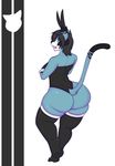  2017 big_butt black_hair bleok bunny_costume butt cat clothed clothing costume crossdressing demon fake_ears feline fur green_eyes hair horn huge_butt incubus invalid_tag legwear looking_back male mammal open_mouth simple_background solo stockings thick_thighs thigh_highs wastedtime 