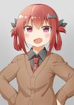  :d bat_hair_ornament black_shirt blush cardigan cross_of_saint_peter dokka_no_kuni_no_kokuou fang gabriel_dropout grey_background hair_ornament hair_ribbon hair_rings hands_on_hips kurumizawa_satanichia_mcdowell necktie open_mouth red_eyes red_hair ribbon shirt smile solo upper_body v-shaped_eyebrows 