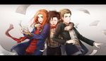  2boys amy_pond blonde_hair bow bowtie brown_eyes brown_hair closed_eyes doctor_who eleventh_doctor hug multiple_boys nankhon orange_eyes orange_hair rory_williams smile the_doctor 