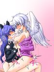  2girls angel_wings breasts doremy_sweet futa_on_female futanari girl_on_top kishin_sagume long_hair multiple_girls oshiaki touhou wings 