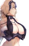 absurdres armor bangs bare_shoulders between_breasts black_gloves blonde_hair breasts chain chain_between_breasts choker collarbone crossed_arms detached_sleeves elbow_gloves eyebrows_visible_through_hair fate/grand_order fate_(series) fur-trimmed_gloves fur_trim gauntlets gloves headpiece hews_hack highres jeanne_d'arc_(alter)_(fate) jeanne_d'arc_(fate)_(all) large_breasts long_hair looking_away navel paid_reward patreon_reward profile revealing_clothes simple_background smile solo standing stomach sweat teeth turtleneck upper_body white_background yellow_eyes 