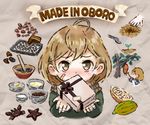  ahoge baking_sheet bandaged_fingers bandages bandaid_on_cheek blush bow bowl brown_bow brown_eyes brown_hair brown_ribbon cacao_fruit chocolate chocolate_making cocoa_bean cooking crab english gift grey_background ingredients jacket kantai_collection looking_at_viewer mortar oboro_(kantai_collection) otoufu pestle picking_fruit planting progression ribbon scarf seedling short_hair solo star tray tree watering_can 