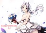  artist_name bare_shoulders blush breasts cleavage closers dated dress floating_hair frilled_dress frills happy_birthday large_breasts levia_(closers) long_hair looking_at_viewer no_bra open_mouth pointy_ears purple_eyes silver_hair solo strapless strapless_dress wedding_dress wind yeoohdam 