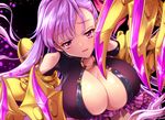  blush breasts cleavage eyebrows_visible_through_hair fate/extra fate/extra_ccc fate_(series) huge_breasts long_hair looking_at_viewer parted_lips passion_lip purple_eyes purple_hair smile solo uchuu_gorira upper_body 