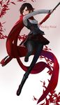  black_footwear black_hair black_legwear boots cape character_name cross-laced_clothes english gradient_hair highres long_sleeves looking_away mossi multicolored_hair pantyhose petals red_cape red_hair rose_petals ruby_rose rwby scythe short_hair silver_eyes solo two-tone_hair 