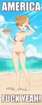  ! 1girl :d america american_flag araragi_(pokemon) beach bikini breasts cleavage english feet full_body gazing_eye navel ocean orange_hair pie pokemon pokemon_(game) pokemon_bw2 sky smile solo text 