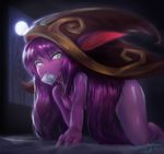  1girl all_fours animal_ears bent_over blush breasts condom condom_in_mouth condom_wrapper full_moon green_eyes heart-shaped_pupils highres league_of_legends long_hair lulu_(league_of_legends) mayhem moon night nude purple_hair purple_skin small_breasts solo wizard_hat yordle 