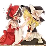  apron blonde_hair blush bow brown_eyes brown_hair bruise bruise_on_face detached_sleeves frilled_shirt_collar frilled_skirt frills hair_bow hair_ribbon hair_tubes hakurei_reimu hand_on_another's_cheek hand_on_another's_face hat hat_bow hat_ribbon injury kirisame_marisa kosencha large_bow long_hair multiple_girls puffy_short_sleeves puffy_sleeves ribbon ribbon-trimmed_sleeves ribbon_trim sarashi short_hair short_sleeves sitting skirt skirt_set touhou vest waist_apron wariza white_bow witch_hat yellow_eyes yuri 