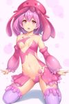  :d arms_at_sides bangs bare_shoulders blush breasts collarbone commentary_request detached_sleeves groin hat heart jellyfish kneeling long_sleeves looking_at_viewer medium_breasts navel open_mouth original pink_eyes pink_hair purple_legwear revealing_clothes sasaame short_hair smile solo stomach thighhighs 