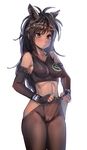  :/ animal_ears bare_shoulders black_gloves black_hair black_sports_bra blush bow_(bhp) breasts bridle brown_eyes brown_hair brown_thoroughbred_(kemono_friends) commentary cowboy_shot crop_top dark_skin elbow_gloves fingerless_gloves gloves horse_ears horse_girl japan_racing_association kemono_friends logo long_hair looking_away looking_to_the_side medium_breasts midriff no_panties pantyhose pantyhose_tug simple_background solo tank_top white_background 