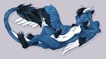  2017 anthro balls barefoot claws cum cute digital_media_(artwork) dragon erection feathered_wings feathers fluffy fluffy_tail fur furred_dragon hair horn jitzu looking_at_viewer lying male multicolored_fur nude on_back penis rayxray simple_background solo toes tuft white_fur wings 