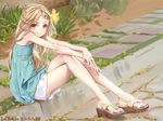  ass bare_shoulders blonde_hair blue_dress crossed_legs dated derivative_work dress flower full_body grin hair_flower hair_ornament kokugo legs long_fingers long_hair looking_at_viewer outdoors sandals short_shorts shorts sitting smile solo wedge_heels yellow_eyes 