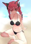  animal_ears asuzemu bikini black_swimsuit braid breasts cat_ears cleavage commentary_request groin hair_between_eyes highres kaenbyou_rin long_hair medium_breasts navel red_eyes red_hair sketch solo strap_gap swimsuit touhou twin_braids twintails 