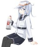  alcohol belt black_legwear black_sailor_collar black_skirt blue_eyes bottle flat_cap hammer_and_sickle hat hibiki_(kantai_collection) kantai_collection long_hair pleated_skirt sailor_collar school_uniform senekio serafuku silver_hair simple_background sitting skirt smirnoff_(vodka) solo thighhighs verniy_(kantai_collection) vodka white_background white_hat 