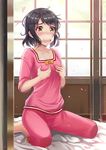 barefoot black_hair blouse blush bow breasts cleavage collarbone crying crying_with_eyes_open d: futon hands_on_own_chest kimi_no_na_wa l.bou looking_at_viewer messy_hair miyamizu_mitsuha nose_blush on_floor open_mouth pajamas pants personality_switch petals pink_blouse pink_pants seiza short_hair shouji sitting sliding_doors small_breasts solo tearing_up tears teeth wavy_mouth yellow_bow yellow_eyes 