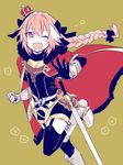  ;d astolfo_(fate) black_legwear blush braid cape crown fang fate/apocrypha fate/grand_order fate_(series) hair_ribbon kanitama_(putyourhead) long_hair male_focus one_eye_closed open_mouth pink_hair ribbon single_braid smile solo sword thighhighs weapon 