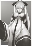  absurdres arm_support between_breasts breasts demon_girl elbow_gloves foreshortening gloves greyscale hair_over_one_eye highres horns lips long_hair milk-doll monochrome original sitting smile solo thighhighs 