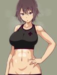  abs bangs breasts brown_eyes brown_hair emblem girls_und_panzer hair_between_eyes hand_on_hip highres iron_cross large_breasts looking_at_viewer nakamura_yukitoshi navel nishizumi_maho parted_lips short_hair solo sports_bra standing steam upper_body 