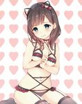  alternate_costume animal_ears bare_shoulders bell bell_collar between_breasts black_legwear blue_eyes breasts brown_hair cat_ears collar commentary_request fake_animal_ears garter_straps hair_between_eyes hairband hand_between_breasts heart heart-shaped_pupils heart_background idolmaster idolmaster_cinderella_girls long_hair looking_at_viewer manatsuki_manata medium_breasts navel race_limitation_(lingerie) revealing_clothes sakuma_mayu sitting solo symbol-shaped_pupils thighhighs thighs underwear underwear_only wariza wavy_hair 