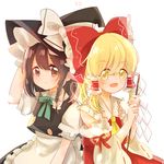  :/ :d alternate_hairstyle apron ascot bangs bare_shoulders blonde_hair blush bow bowtie brown_eyes brown_hair cosplay costume_switch detached_sleeves frilled_shirt_collar frills gohei hair_bow hair_ribbon hair_tubes hairstyle_switch hakurei_reimu hand_on_headwear hat hat_bow kirisame_marisa kosencha large_bow long_hair looking_at_viewer multiple_girls open_mouth petals puffy_short_sleeves puffy_sleeves ribbon ribbon-trimmed_sleeves ribbon_trim short_sleeves skirt skirt_set smile touhou v-shaped_eyebrows vest waist_apron white_bow wide_sleeves witch_hat yellow_eyes 