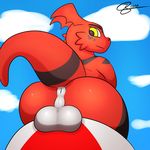  2017 anthro anus backsack balls big_balls big_butt black_scales butt cloud day digimon digital_media_(artwork) guilmon hi_res j5furry looking_at_viewer looking_back male multicolored_scales nude outside puffy_anus raised_tail red_scales reptile scales scalie sky smile solo white_anus white_balls white_scales 