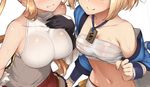  3: batsu black_gloves blush bracer breasts brown_hair clarisse_(granblue_fantasy) closed_mouth collarbone djeeta_(granblue_fantasy) gloves granblue_fantasy hand_on_own_chest head_out_of_frame jewelry large_breasts long_hair medium_breasts midriff multiple_girls navel necklace off_shoulder ribbed_sweater sarashi shirt short_hair skirt sleeveless sleeveless_shirt smile sweat sweater turtleneck very_long_hair 