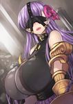  bare_shoulders blindfold blush breasts claws commentary_request fate/extra fate/extra_ccc fate_(series) hair_ribbon huge_breasts long_hair nagase_haruhito o-ring o-ring_top open_mouth passion_lip pink_ribbon purple_hair ribbon solo upper_body very_long_hair 