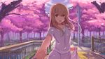  blush brown_eyes brown_hair collarbone holding_hand koe_no_katachi long_hair looking_at_viewer nishimiya_shouko open_mouth out_of_frame petals pov pov_hands rafael-m smile solo_focus tree 