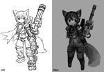  2017 anthro bionic_arm bionic_leg canine clothed clothing collaboration cybernetics cyborg devil-vox english_text female fox gas_mask gatling_gun greyscale gun inner_ear_fluff kemono machine machine_gun mammal mask minigun missing_arm monochrome panzery25 ranged_weapon solo standing text weapon 