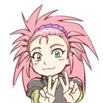  :3 blush_stickers commentary_request double_v green_eyes hair_pulled_back hakubi_washuu long_hair pink_hair smile solo spiked_hair tenchi_muyou! ueyama_michirou upper_body v white_background 