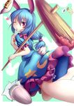  ? absurdres animal_ears aqua_background blue_dress blue_hair bullet bunny_ears bunny_tail dango dior-zi dress ear_clip finger_to_mouth folded_leg food food_in_mouth frilled_skirt frilled_sleeves frills heart highres kine long_hair looking_at_viewer looking_back low-tied_long_hair one_eye_closed ponytail red_eyes ringo_(touhou)_(bunny) seiran_(touhou) short_sleeves skirt smile tail touhou wagashi 
