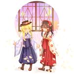  :d alternate_costume alternate_hairstyle bangs blonde_hair blue_hakama blush boots bow braid brown_eyes brown_footwear brown_hair commentary crescent_moon cross-laced_footwear d: flower hair_bow hair_flower hair_ornament hakama hakurei_reimu hat hat_flower holding_hands index_finger_raised japanese_clothes kimono kirisame_marisa kosencha lace-up_boots long_hair looking_at_another meiji_schoolgirl_uniform moon multiple_girls open_mouth petals pointing red_hakama smile star touhou tri_tails twin_braids window yellow_eyes 