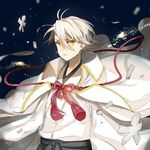  androgynous bad_id bad_pixiv_id blue_background cape dark_background houhou_(black_lack) japanese_clothes katsugeki/touken_ranbu kimono looking_at_viewer open_mouth paper_doll saniwa_(katsugeki/touken_ranbu) shikigami short_hair simple_background tassel touken_ranbu upper_body white_hair white_kimono yellow_eyes 