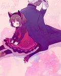  1girl a_(shiei_no_sona-nyl) animal_ears back-to-back boots brown_hair cat_ears cat_tail closed_eyes copyright_name creature dark_skin dated dress heart lily_(shiei_no_sona-nyl) pantyhose red_dress shiei_no_sona-nyl short_hair sitting steampunk_(liarsoft) tail tsuyuka_(sunny_spot) twitter_username white_hair 