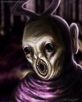  2015 ambiguous_gender atomiccircus black_eyes digital_media_(artwork) forest humanoid monstrous_humanoid nightmare_fuel open_mouth outside signature solo teeth teletubbies tinky_winky tree url watermark white_skin 