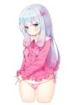  absurdres artist_name ass_visible_through_thighs ayamy bad_revision bangs blue_eyes blunt_bangs blush bow bow_panties buttons closed_mouth cowboy_shot cropped_legs downscaled_revision eromanga_sensei eyebrows_visible_through_hair frilled_sleeves frills gradient gradient_hair hair_bow highres izumi_sagiri long_hair long_sleeves looking_at_viewer low-tied_long_hair md5_mismatch multicolored_hair neck_ribbon pajamas panties pink_bow pink_panties pink_ribbon purple_hair ribbon side-tie_panties sidelocks silver_hair simple_background solo standing sweatdrop thighs underwear very_long_hair wavy_mouth white_background 