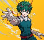  &gt;:) artist_name belt boku_no_hero_academia buttons citemer comic elbow_gloves formal freckles gloves green_eyes green_hair grin looking_at_viewer male_focus midoriya_izuku outstretched_hand reaching_out simple_background smile smoke solo suit upper_body v-shaped_eyebrows white_gloves yellow_background 